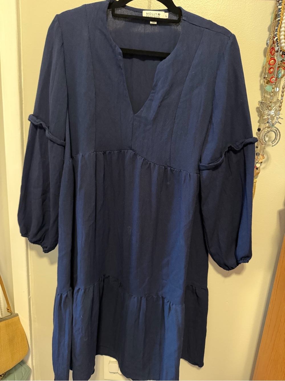 Molly Bracken Tiered Maxi Dress Women’s L Navy Blue 3/4 Sleeve